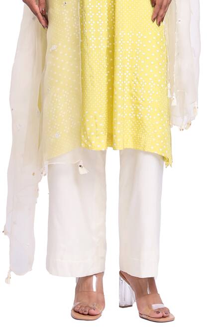 Buy_Surbhi Gupta_Green , Organza Pearls, Tassels V-neck Lime Cuff Kurta Set 