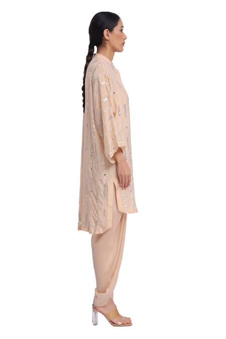 Surbhi Gupta_Pink Silk Pearls, Mirrors Mandarin Collar Resham Embroidered Nude Co-ord Set _Online_at_Aza_Fashions