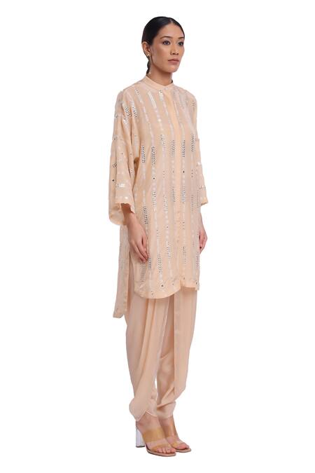 Buy_Surbhi Gupta_Pink Silk Pearls, Mirrors Mandarin Collar Resham Embroidered Nude Co-ord Set _Online_at_Aza_Fashions