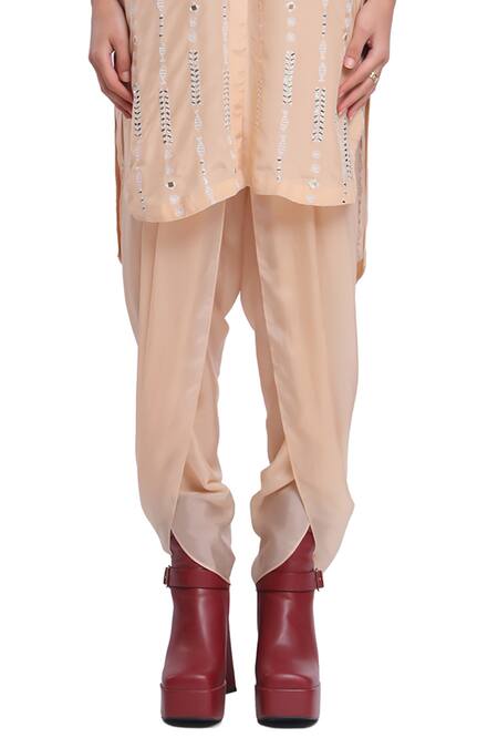 Shop_Surbhi Gupta_Pink Silk Pearls, Mirrors Mandarin Collar Resham Embroidered Nude Co-ord Set _Online_at_Aza_Fashions