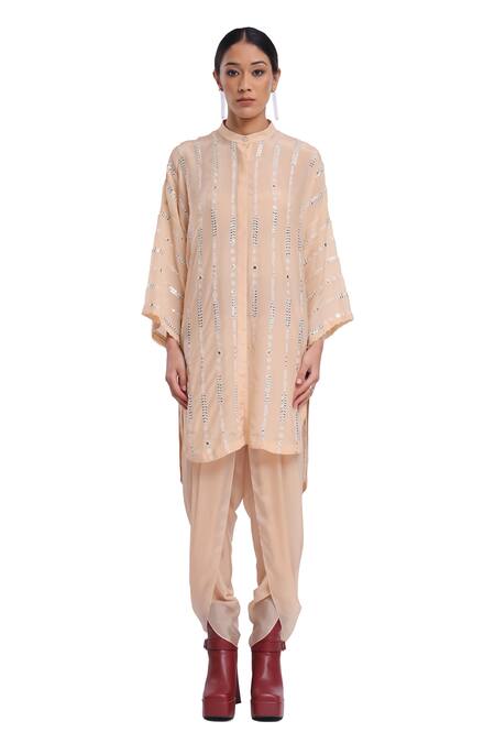 Surbhi Gupta_Pink Silk Pearls, Mirrors Mandarin Collar Resham Embroidered Nude Co-ord Set _at_Aza_Fashions