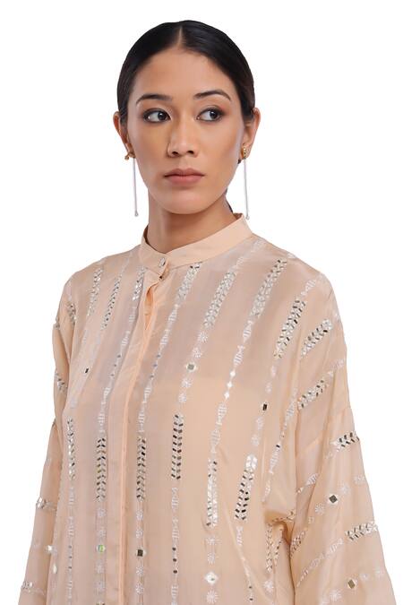 Buy_Surbhi Gupta_Pink Silk Pearls, Mirrors Mandarin Collar Resham Embroidered Nude Co-ord Set 