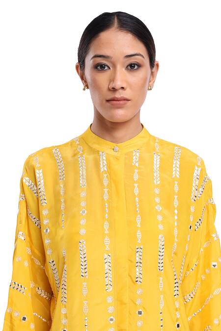 Shop_Surbhi Gupta_Yellow Silk Pearls, Mirrors Collared Resham Embroidered Kurta Set _Online_at_Aza_Fashions