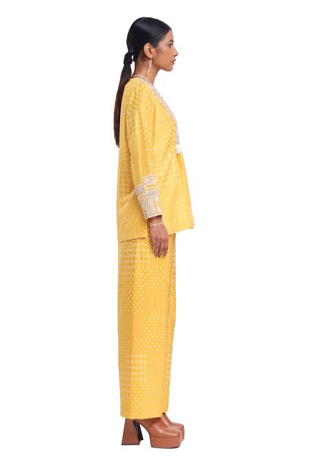 Surbhi Gupta_Yellow Silk Embroidery V-neck Block Printed Tunic And Trouser Set _Online_at_Aza_Fashions