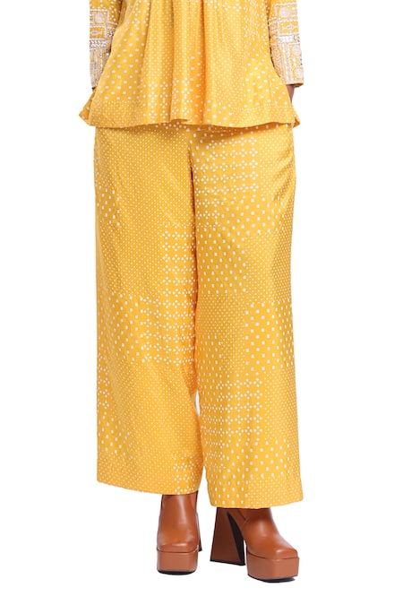 Surbhi Gupta_Yellow Silk Embroidery V-neck Block Printed Tunic And Trouser Set _at_Aza_Fashions