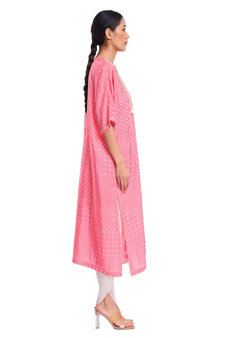 Buy_Surbhi Gupta_Pink Silk Pearls, Tassels Round Neck Block Printed Kurta Set _Online_at_Aza_Fashions