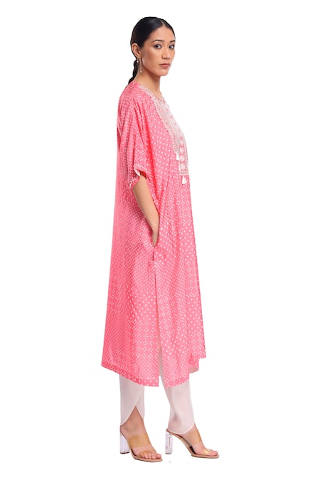 Shop_Surbhi Gupta_Pink Silk Pearls, Tassels Round Neck Block Printed Kurta Set _Online_at_Aza_Fashions
