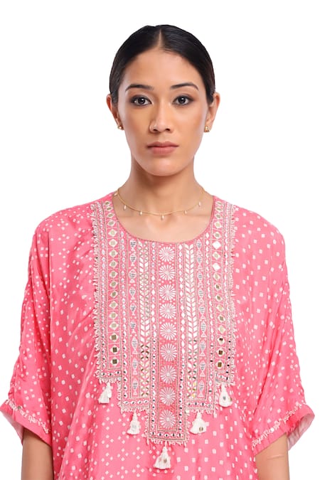 Surbhi Gupta_Pink Silk Pearls, Tassels Round Neck Block Printed Kurta Set _at_Aza_Fashions