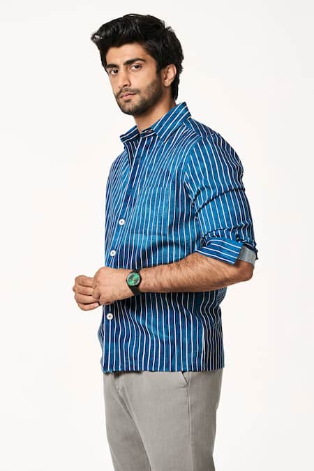 Terra Luna_Blue Cotton Ocean Marine Art Stripe Shirt _Online_at_Aza_Fashions