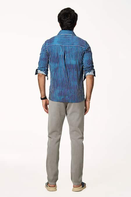 Shop_Terra Luna_Blue Cotton Ocean Marine Art Stripe Shirt _at_Aza_Fashions