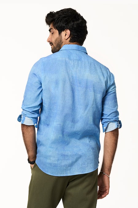 Shop_Terra Luna_Blue Cotton Ice Handloom Shirt _at_Aza_Fashions