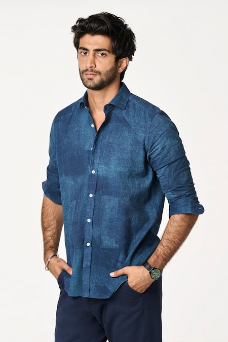 Terra Luna_Blue Cotton Ocean Handloom Casual Shirt _Online_at_Aza_Fashions
