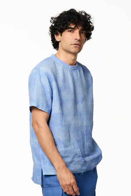Buy_Terra Luna_Blue Linen Ice Handloom T-shirt _Online_at_Aza_Fashions