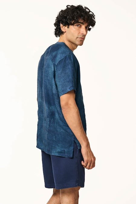 Terra Luna_Blue Linen Ocean Handloom Cotton T-shirt _Online_at_Aza_Fashions
