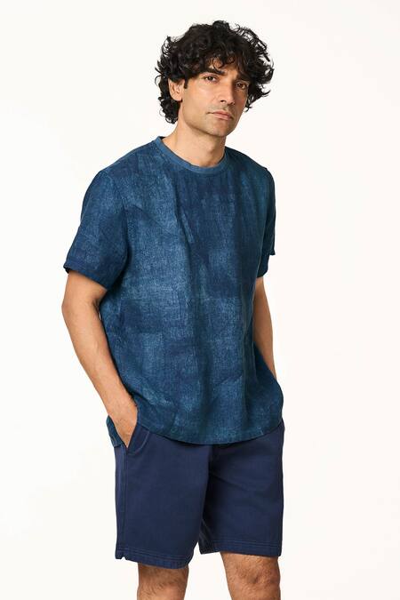 Buy_Terra Luna_Blue Linen Ocean Handloom Cotton T-shirt _Online_at_Aza_Fashions