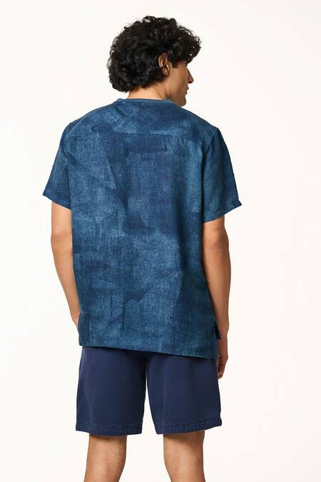 Shop_Terra Luna_Blue Linen Ocean Handloom Cotton T-shirt _at_Aza_Fashions
