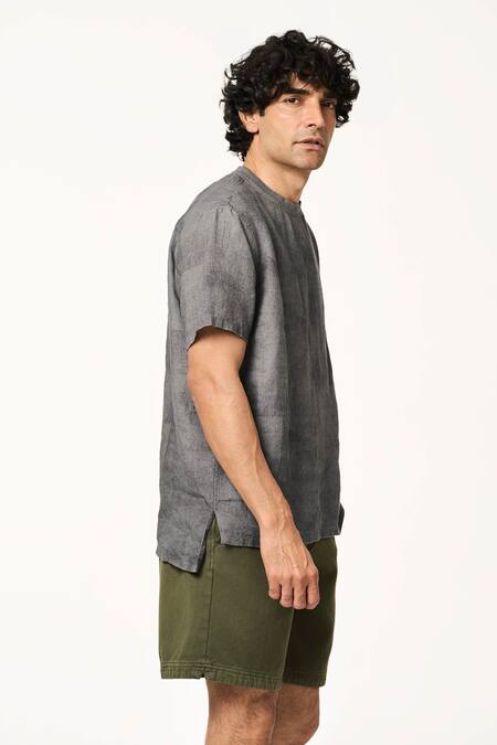Terra Luna_Charcoal Linen Grey Pico T-shirt _Online_at_Aza_Fashions