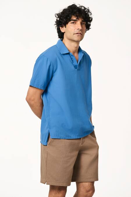 Terra Luna_Blue Cotton Ocean Handloom Polo T-shirt _Online_at_Aza_Fashions