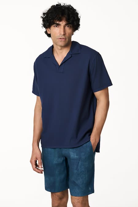 Terra Luna_Navy Cotton Cata Polo Handloom T-shirt _Online_at_Aza_Fashions
