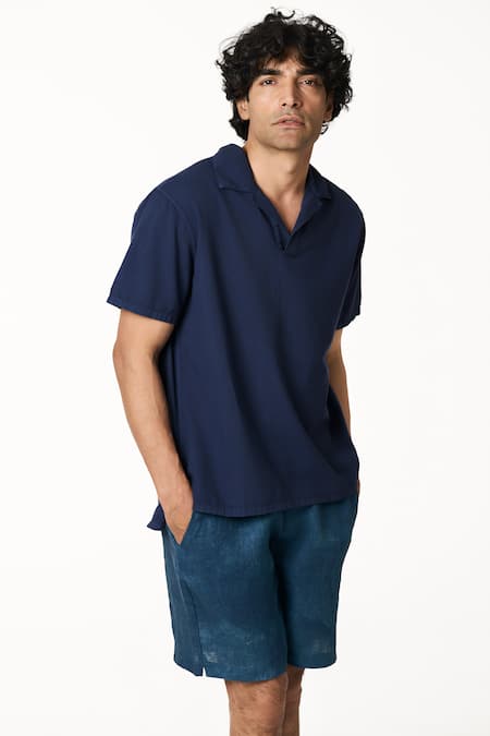 Buy_Terra Luna_Navy Cotton Cata Polo Handloom T-shirt _Online_at_Aza_Fashions