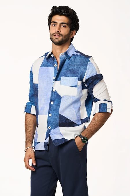 Terra Luna_Blue Cotton Patchwork Print Casual Shirt _Online_at_Aza_Fashions
