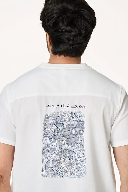 Buy_Terra Luna_White Cotton Pico Logo Handloom T-shirt _Online_at_Aza_Fashions