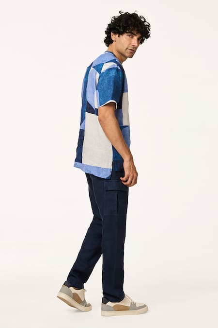 Terra Luna_Blue Linen Patchwork Print T-shirt _Online_at_Aza_Fashions