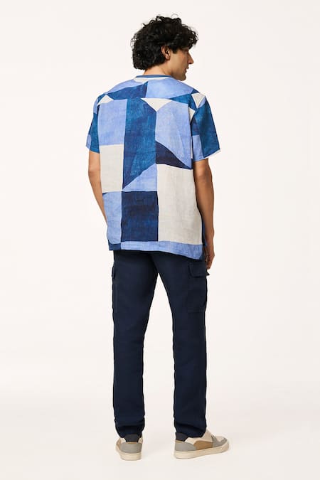Shop_Terra Luna_Blue Linen Patchwork Print T-shirt _at_Aza_Fashions