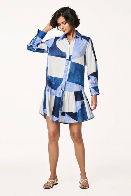 Terra Luna_Blue Cotton Patchwork Collared Print Dress _Online_at_Aza_Fashions