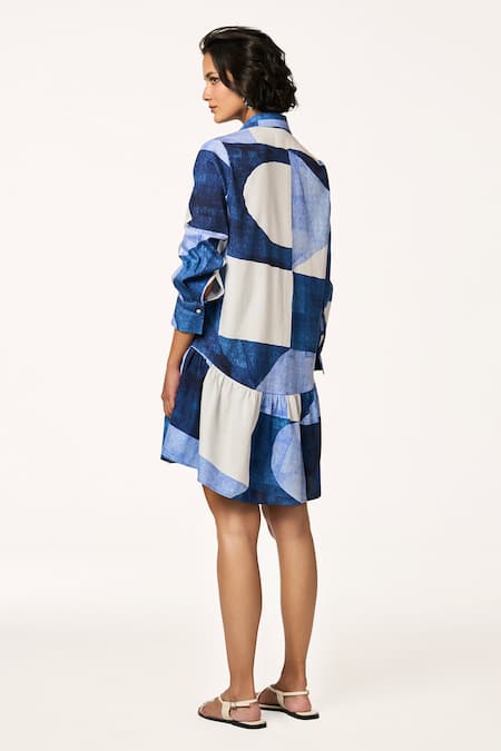 Shop_Terra Luna_Blue Cotton Patchwork Collared Print Dress _at_Aza_Fashions