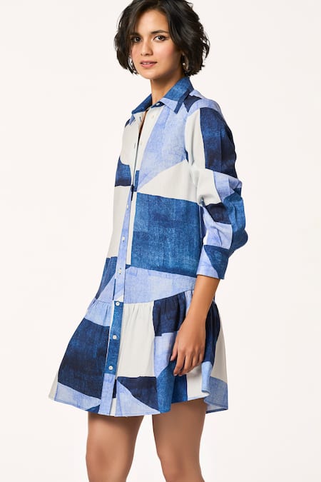 Buy_Terra Luna_Blue Cotton Patchwork Collared Print Dress _Online_at_Aza_Fashions