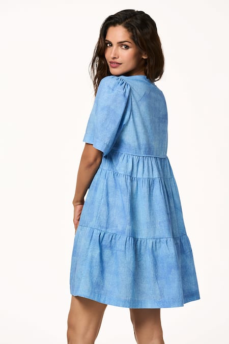 Shop_Terra Luna_Blue Cotton Split V-neck Ice Handloom Dress _at_Aza_Fashions
