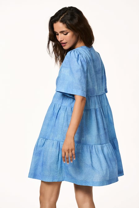 Terra Luna_Blue Cotton Split V-neck Ice Handloom Dress _Online_at_Aza_Fashions
