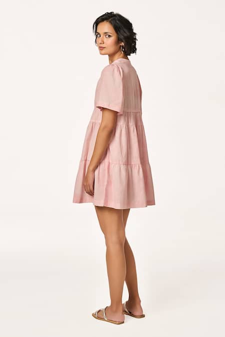 Shop_Terra Luna_Pink Cotton Split V-neck Tiered Handloom Dress _at_Aza_Fashions