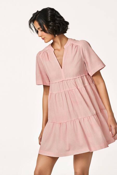 Terra Luna_Pink Cotton Split V-neck Tiered Handloom Dress _Online_at_Aza_Fashions