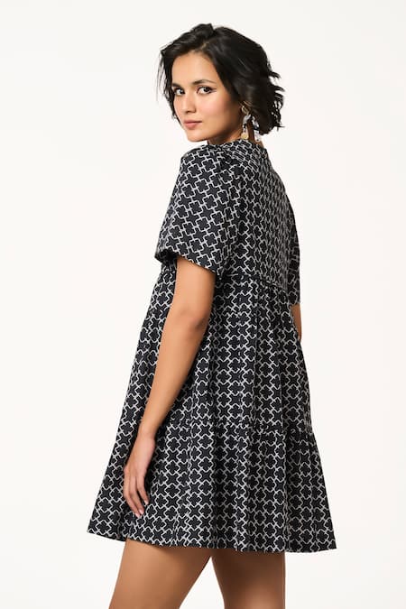 Shop_Terra Luna_Black Cotton V-neck Monogram Handloom Short Dress _at_Aza_Fashions
