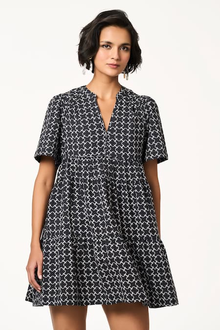 Terra Luna_Black Cotton V-neck Monogram Handloom Short Dress _Online_at_Aza_Fashions
