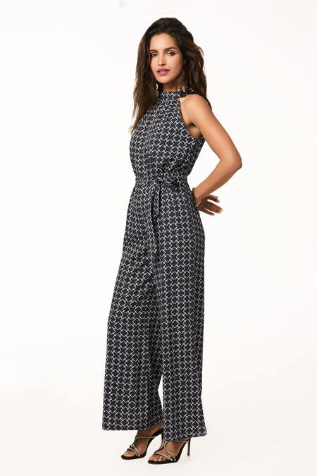 Terra Luna_Black Cotton Halter Neck Monogram Print Jumpsuit _Online_at_Aza_Fashions
