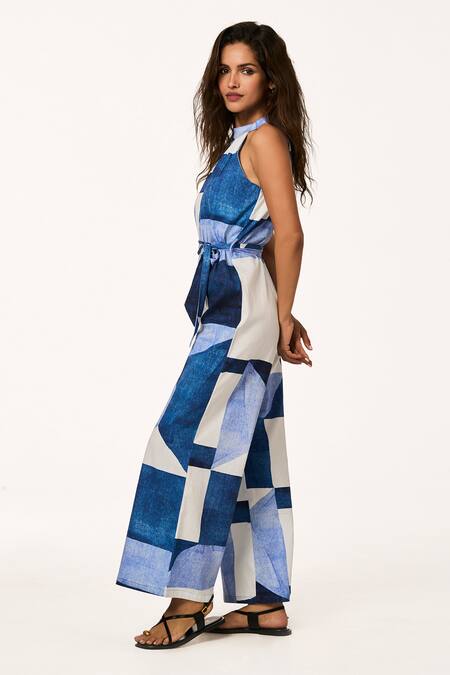 Terra Luna_Blue Cotton Halter Neck Patchwork Print Jumpsuit _Online_at_Aza_Fashions