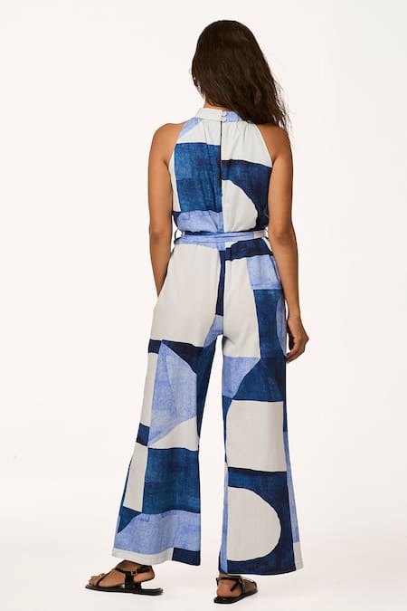 Shop_Terra Luna_Blue Cotton Halter Neck Patchwork Print Jumpsuit _at_Aza_Fashions