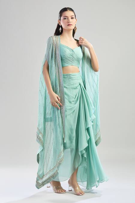 Shop_Anushree Reddy_Green Chiffon Sequins Sweetheart Neck Embroidered Draped Skirt Set _Online_at_Aza_Fashions
