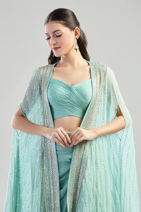 Anushree Reddy_Green Chiffon Sequins Sweetheart Neck Embroidered Draped Skirt Set _at_Aza_Fashions