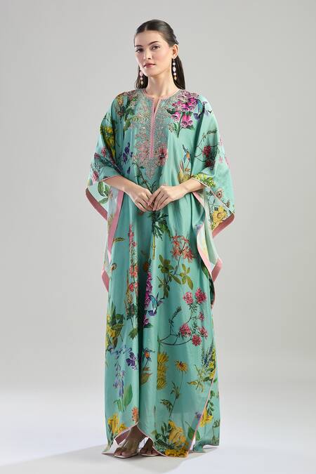 Anushree Reddy_Green Cotton Embroidery Split V-neck Botanical Print Kaftan Set_Online_at_Aza_Fashions