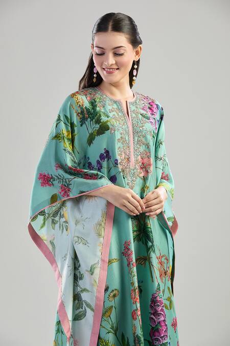 Shop_Anushree Reddy_Green Cotton Embroidery Split V-neck Botanical Print Kaftan Set_Online_at_Aza_Fashions