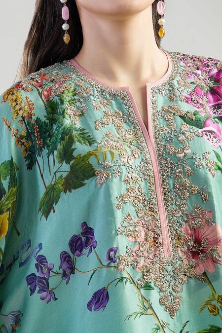 Anushree Reddy_Green Cotton Embroidery Split V-neck Botanical Print Kaftan Set_at_Aza_Fashions