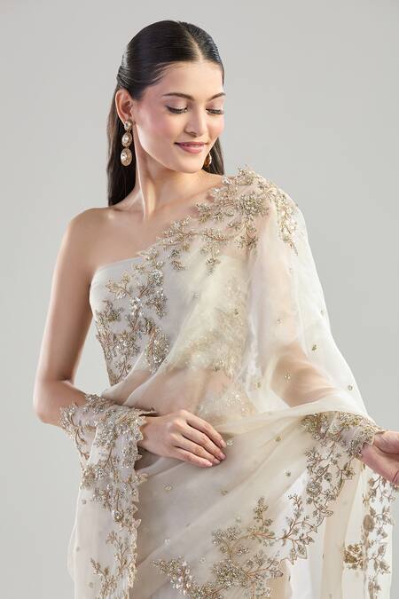 Buy_Anushree Reddy_Ivory Chiffon Embroidery, Sequins Floral Vine Saree_Online_at_Aza_Fashions