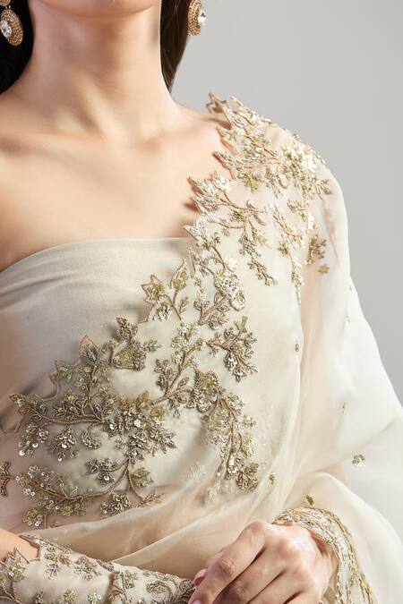 Anushree Reddy_Ivory Chiffon Embroidery, Sequins Floral Vine Saree_at_Aza_Fashions