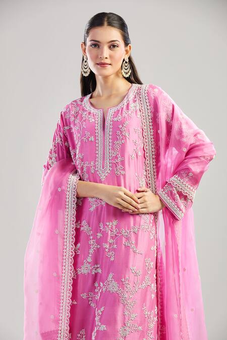 Anushree Reddy_Pink Cotton, Silk Beads, Embroidery, Lace Split V-neck Floral Kurta Set_Online_at_Aza_Fashions