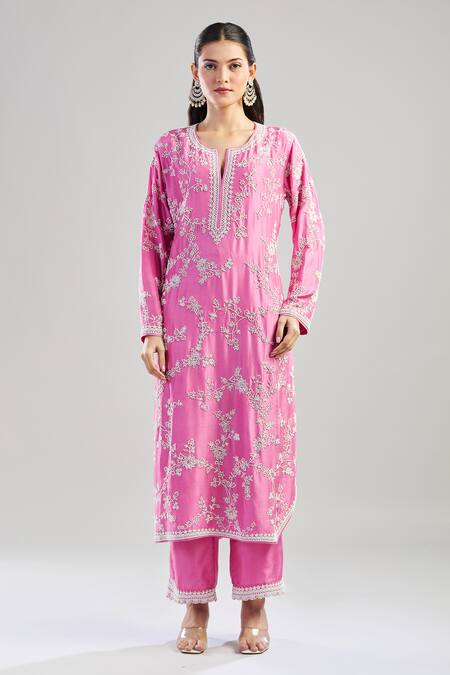 Buy_Anushree Reddy_Pink Cotton, Silk Beads, Embroidery, Lace Split V-neck Floral Kurta Set_Online_at_Aza_Fashions
