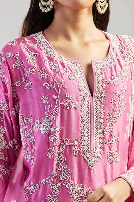 Shop_Anushree Reddy_Pink Cotton, Silk Beads, Embroidery, Lace Split V-neck Floral Kurta Set_Online_at_Aza_Fashions